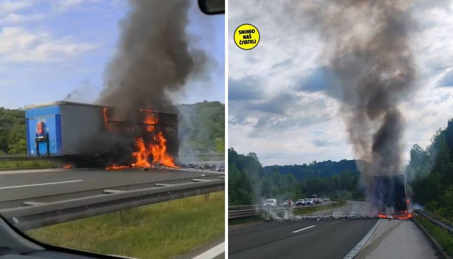 VIDEO Buktinja na autocesti A1: Gori prikolica šlepera, prekinut promet, ogromna je kolona