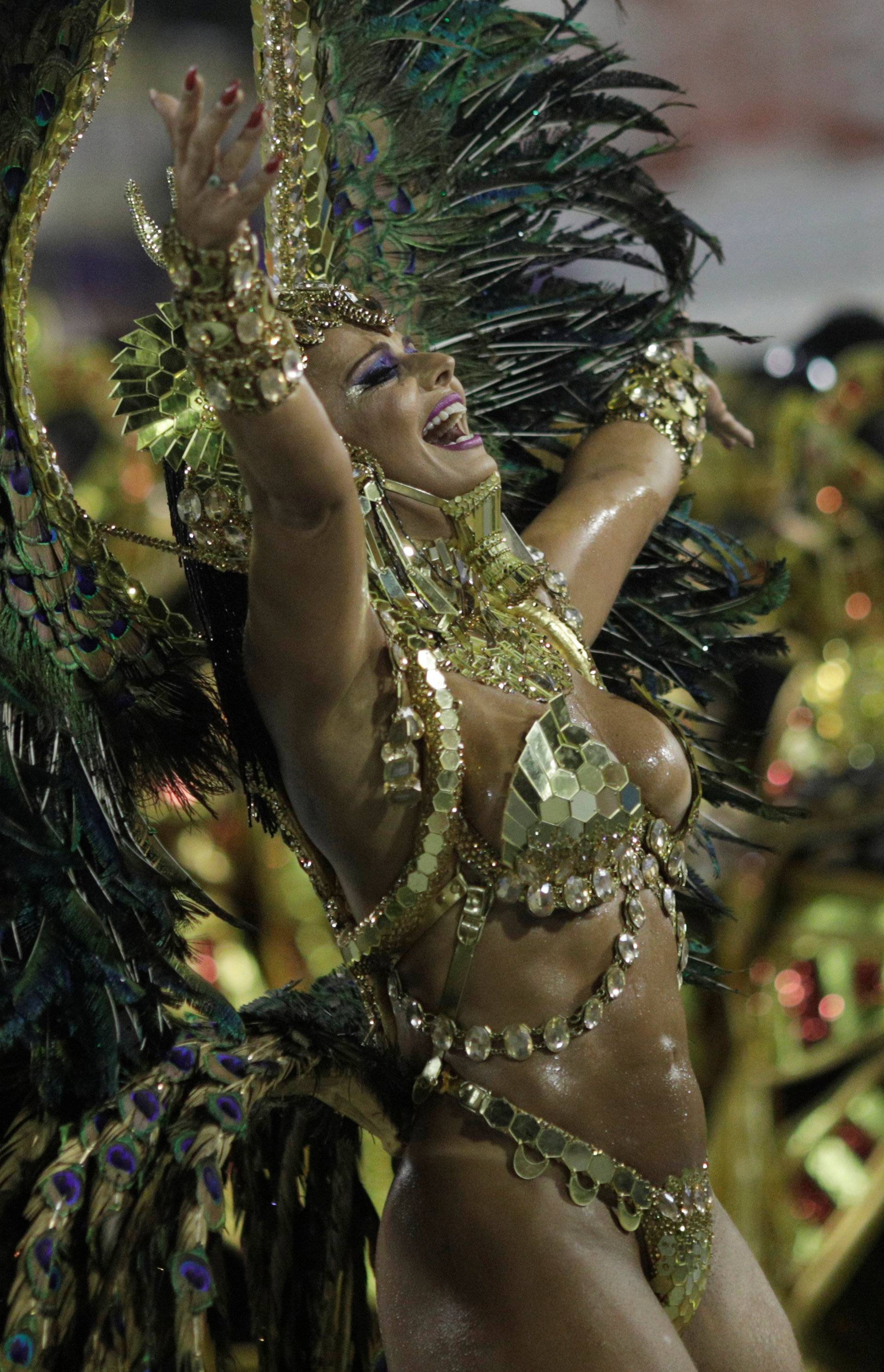 Drum queen Viviane Araujo from Salgueiro performs during the second night of the Carnival parade at the Sambadrome in Rio de Janeiro