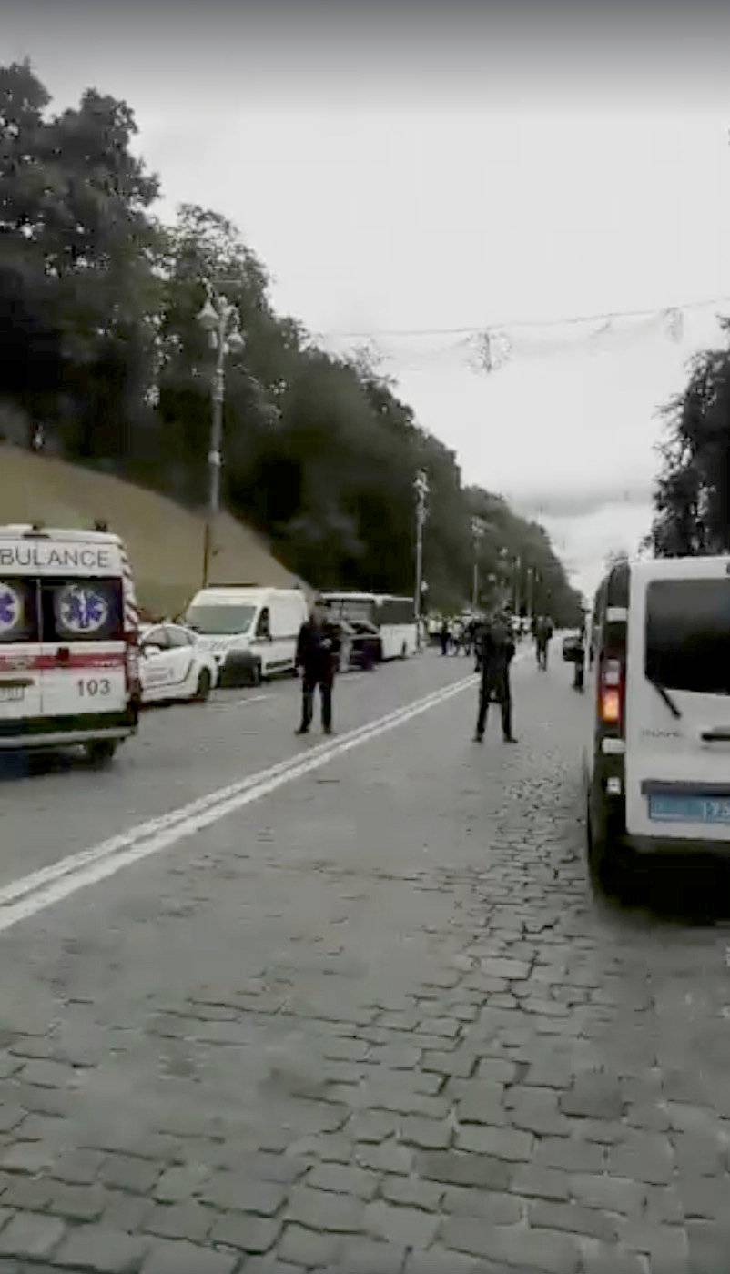 General view of the scene following an explosion near government headquarters in the centre of Kiev