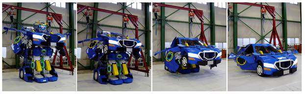 Combination picture shows a new transforming robot called "J-deite RIDE" that transforms itself into a passenger vehicle, developed by Brave Robotics Inc, Asratec Corp and Sansei Technologies Inc, at a factory near Tokyo