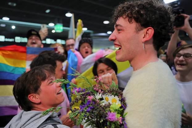 Nemo welcomed by fans at the Zurich Airport, in Kloten