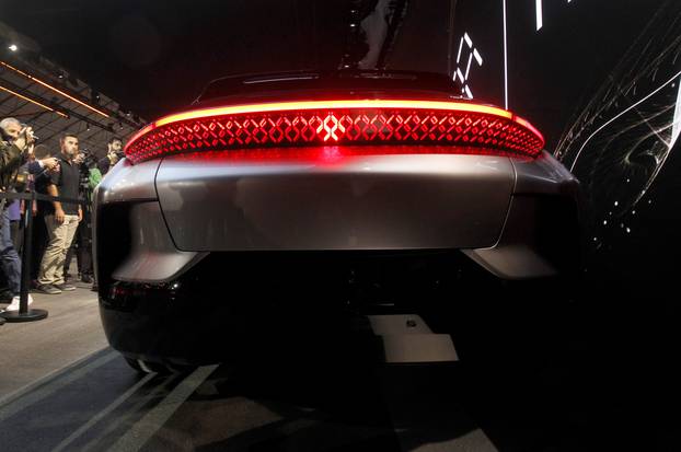 The rear of a Faraday Future FF 91 electric car is shown during an unveiling event at CES in Las Vegas