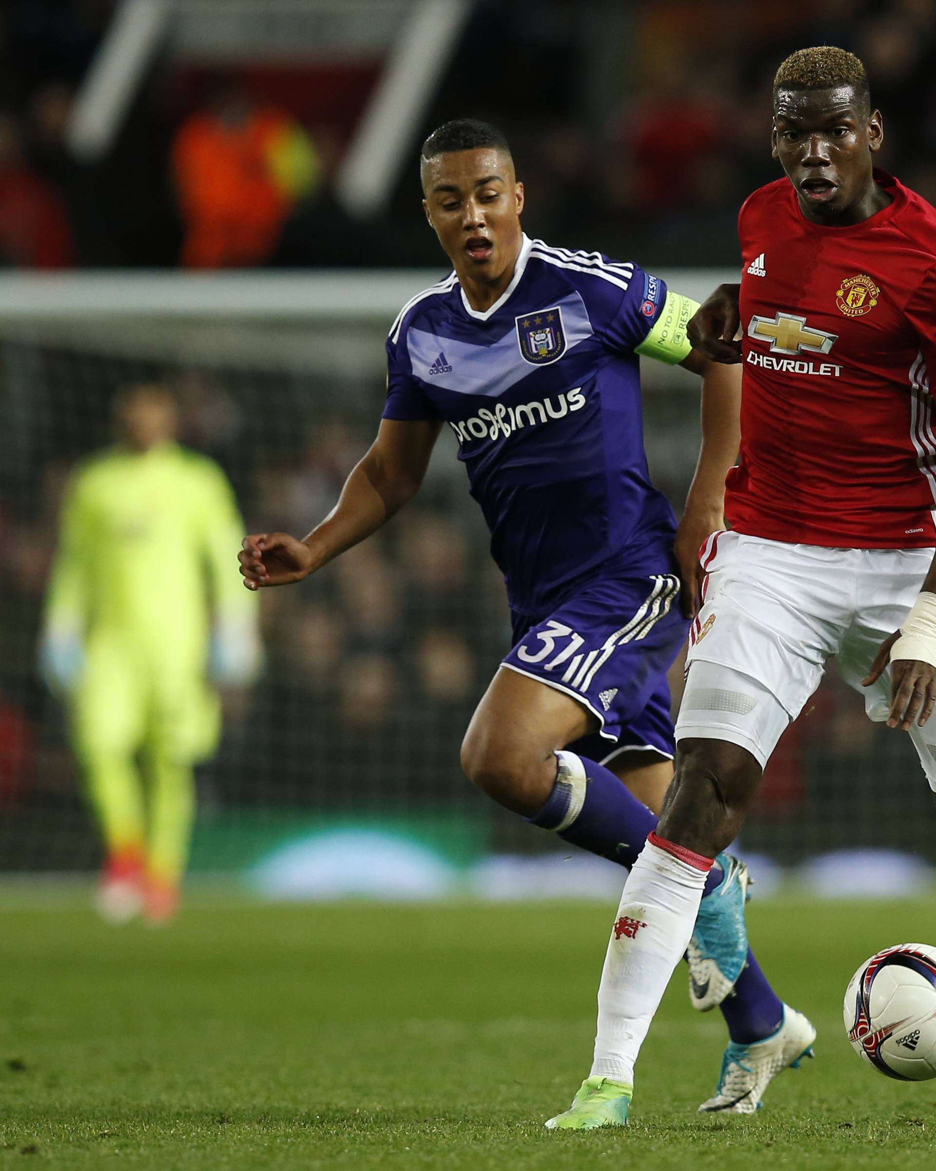 Manchester United's Paul Pogba in action with Anderlecht's Youri Tielemans