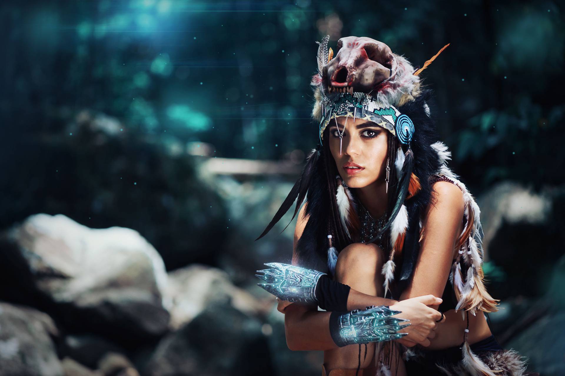 Futuristic indian woman portrait outdoors. blue wild forest on background