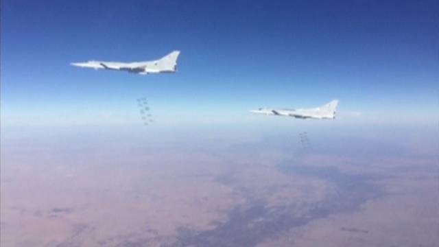 Still image shows airstrikes carried out by Russian air force on Islamic State targets in Syria