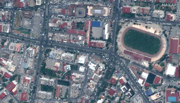 A satellite image shows buildings and a stadium before an earthquake in downtown Kahramanmaras