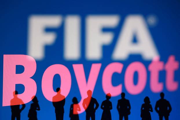 Illustration shows UEFA, FIFA logos, people figurines and word "Boycott\