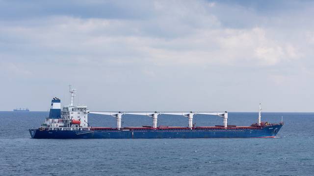 The Sierra Leone-flagged cargo ship Razoni, carrying Ukrainian grain, is seen in the Black Sea off Kilyos, near Istanbul