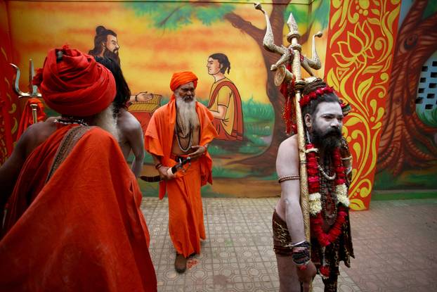 The arrival of the members of an akhara or sect of sadhus for the upcoming "Maha Kumbh Mela" in Prayagraj
