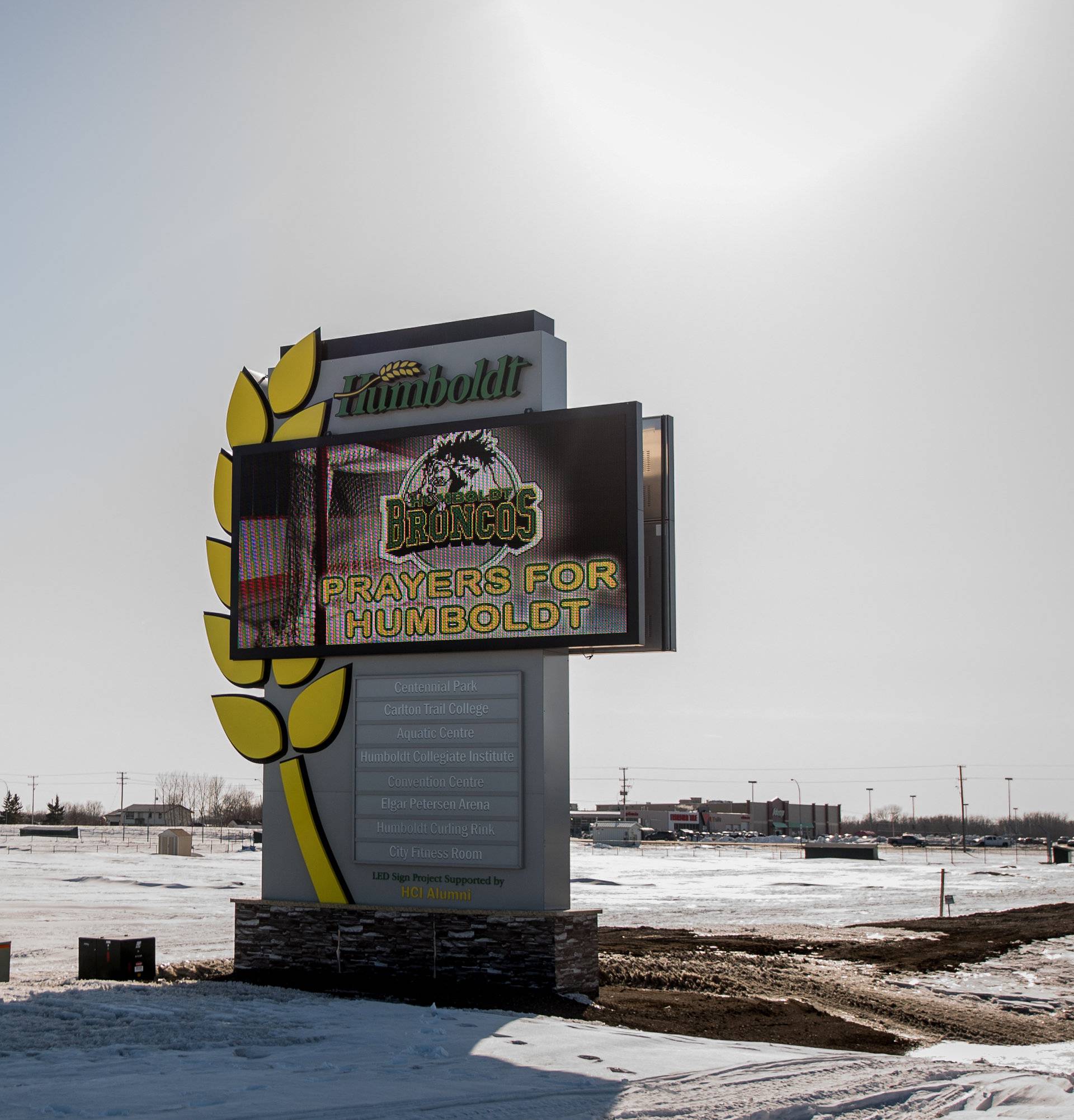 A digital billboard expresses support for the Humboldt Broncos in Humboldt, Saskatchewan