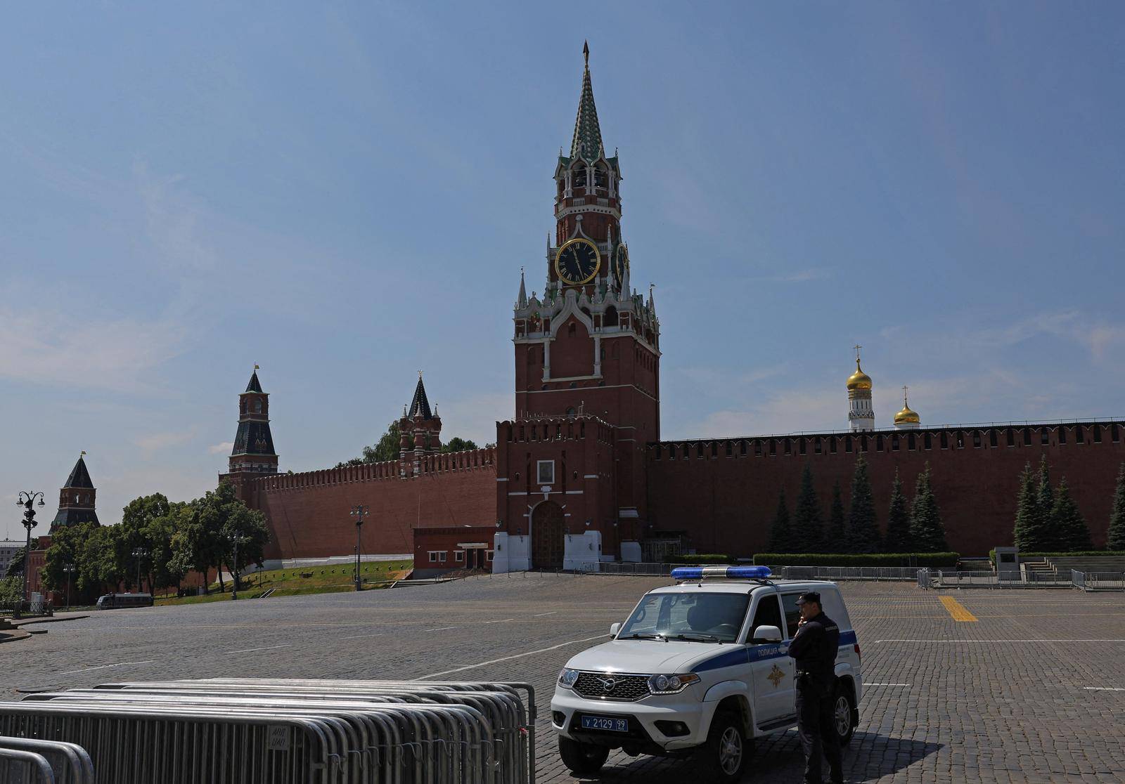 A police officer guards the closed Red Square in Moscow