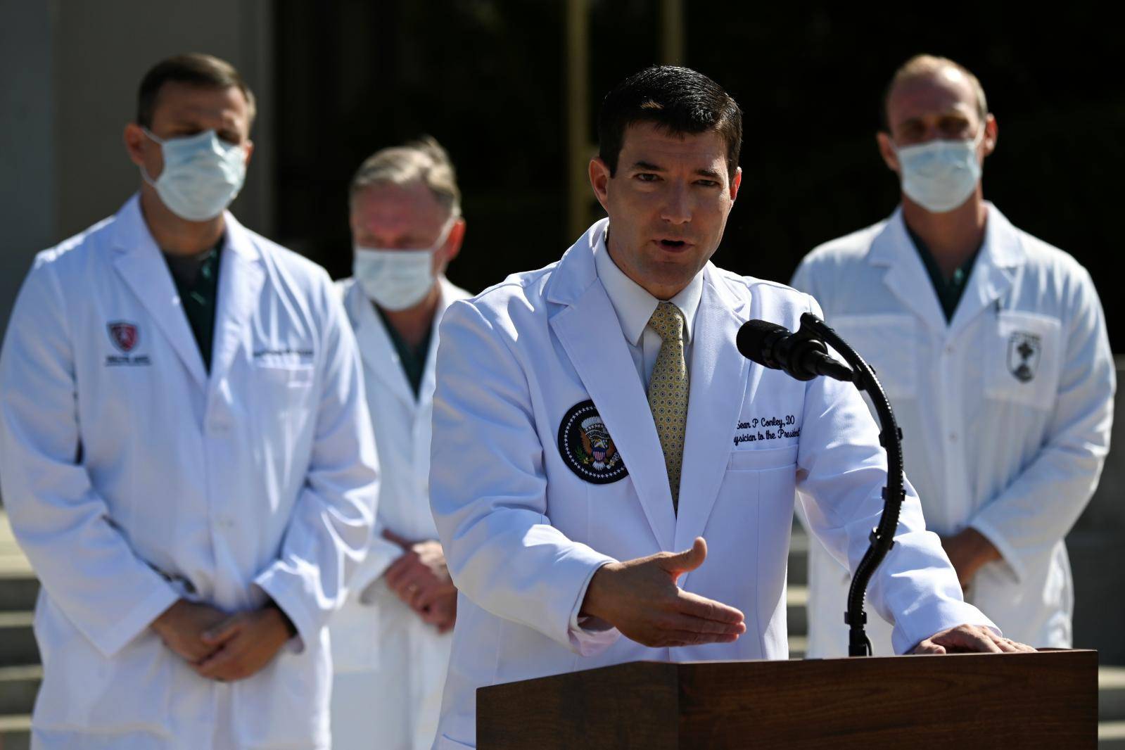 U.S. Navy Commander Dr. Sean Conley, the White House physician, speaks about U.S. President Donald Trump's health, in Bethesda