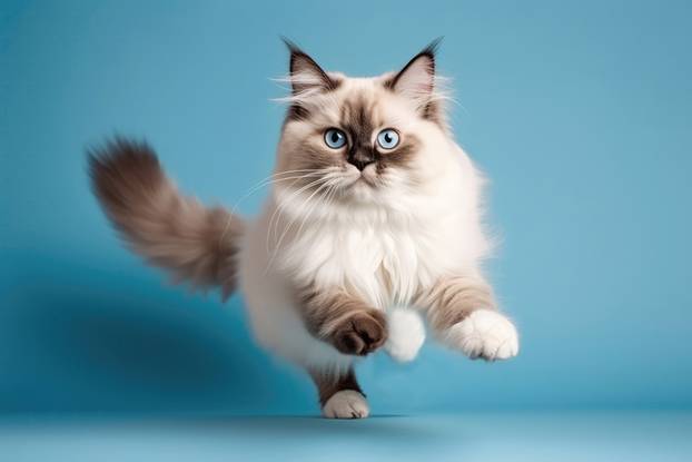 Cat Ragdoll In Jumping, In Flight On Light Blue Background Full Body, Wide Angle, Studio Photo