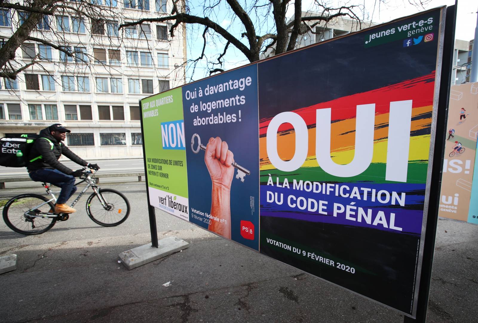 A poster in favour of the change of the penal code is pictured ahead of a referendum on anti-homophobia law in Geneva