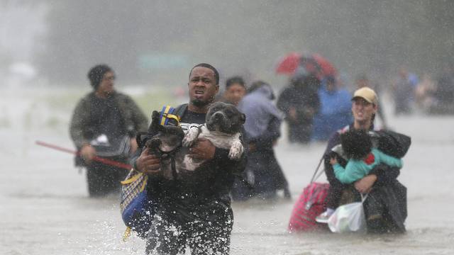 Isiah Courtney carries his dog Bruce through flood waters from Tropical Storm Harvey in Beaumont Place