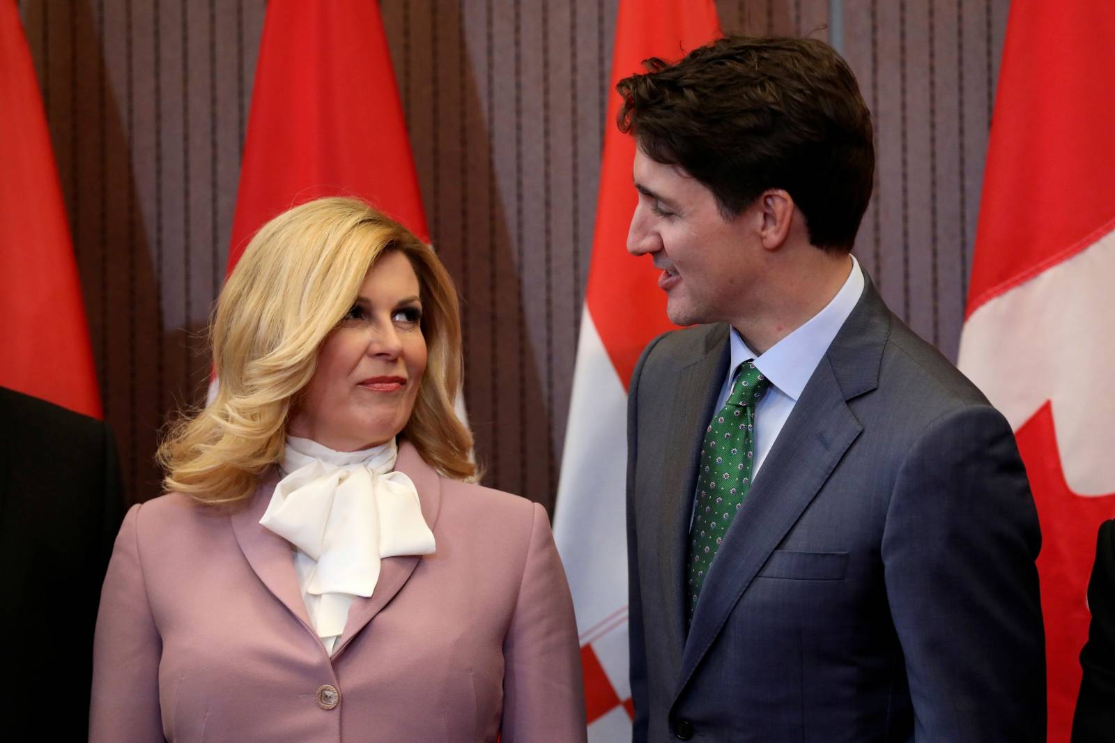 Canada's Prime Minister Justin Trudeau speaks with Croatia's President Kolinda Grabar-Kitarovic on Parliament Hill in Ottawa