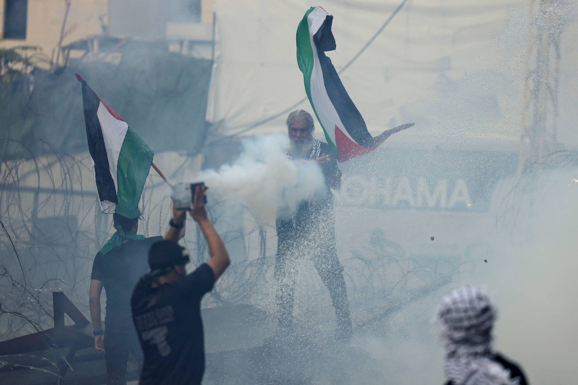 Protest near U.S. embassy in Awkar after Gaza hospital strike