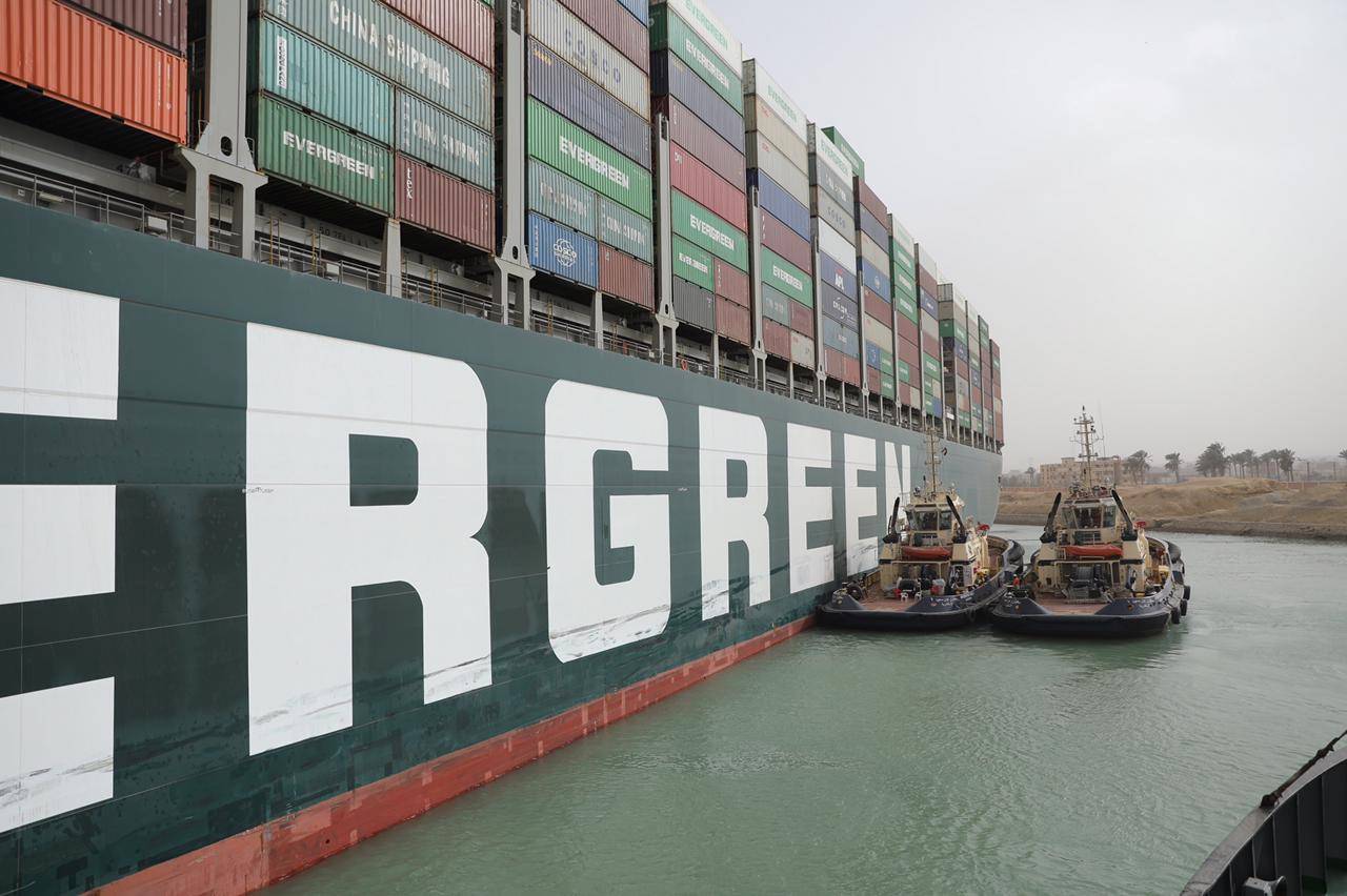 Stranded container ship Ever Given, one of the world's largest container ships, is seen after it ran aground, in Suez Canal