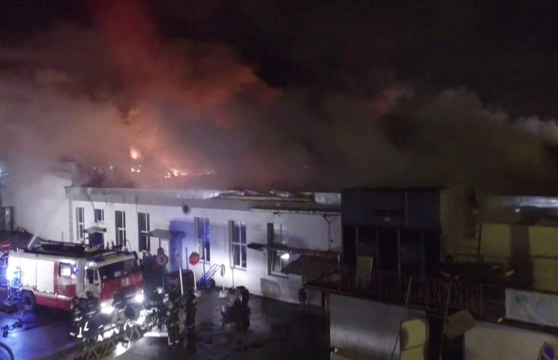 Still image shows warehouse on fire in Moscow