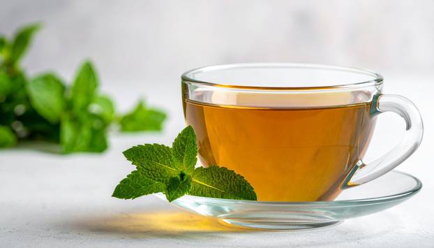 Clear glass cup of mint tea with fresh mint leaves on a saucer a