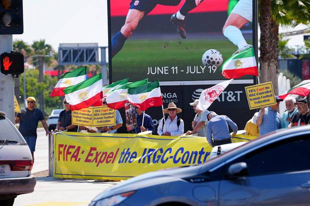 Protest ahead of Iran's first match during the FIFA World Cup 2026, near SoFi Stadium