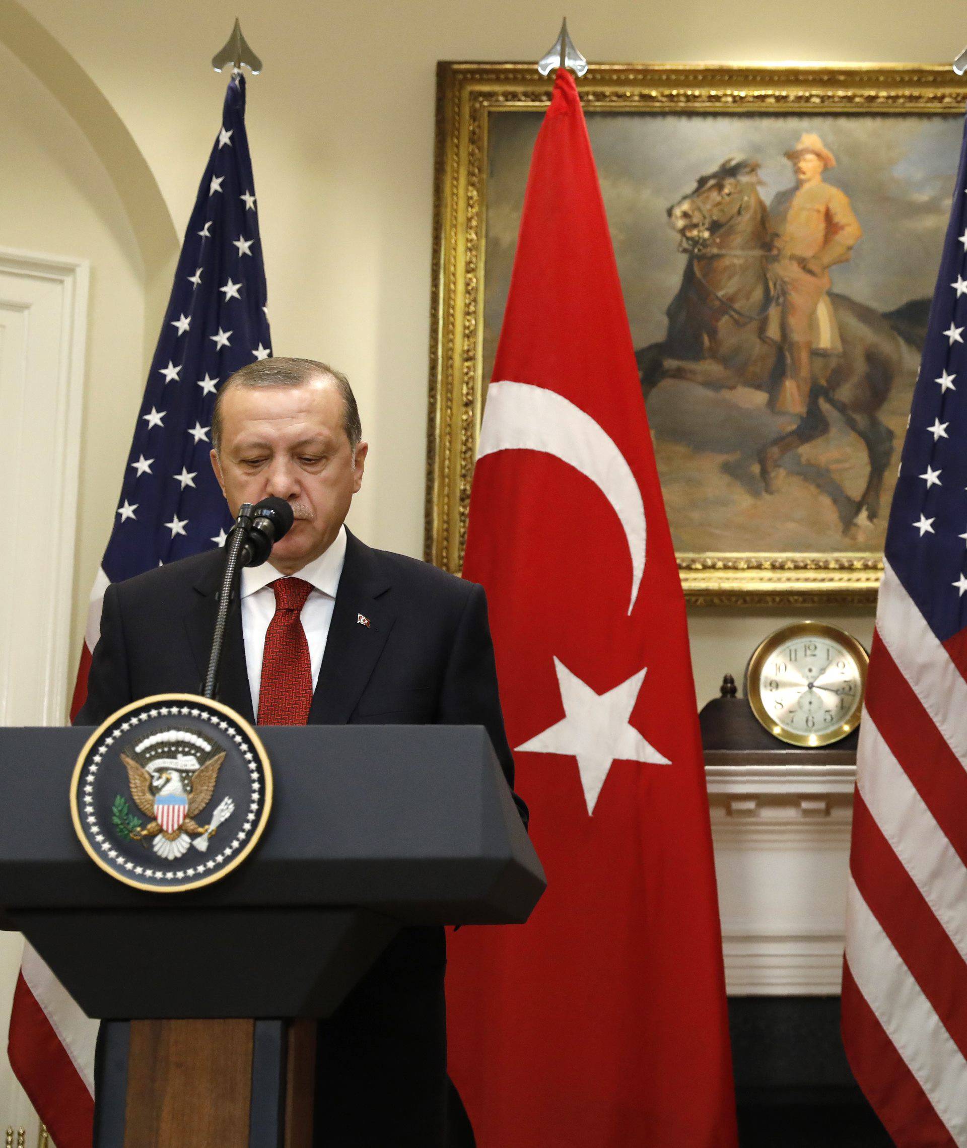 Turkey's President Erdogan and Trump deliver statements to reporters in the Roosevelt Room of the White House in Washington