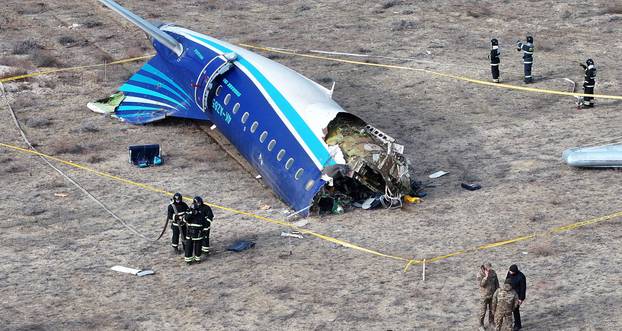 A drone view shows the crash site of a passenger plane near Aktau