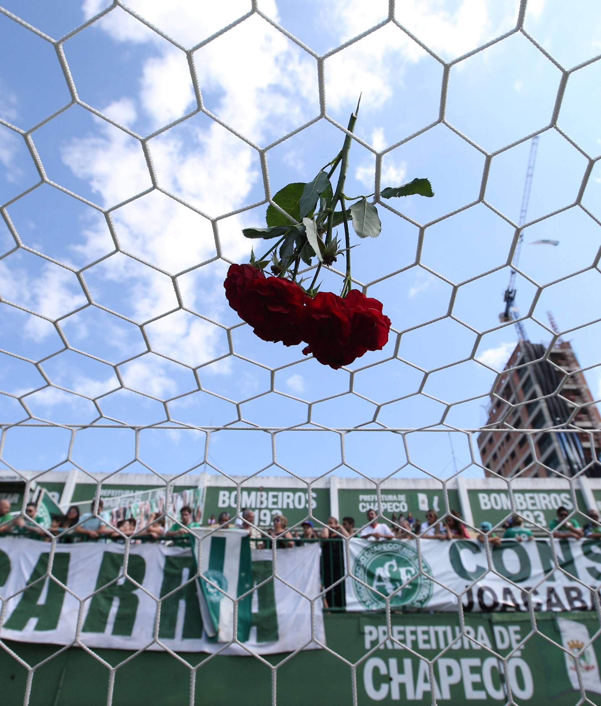 A flower is pictured in a net of the Arena Conda stadium in tribute to the players of Chapecoense soccer team in Chapeco