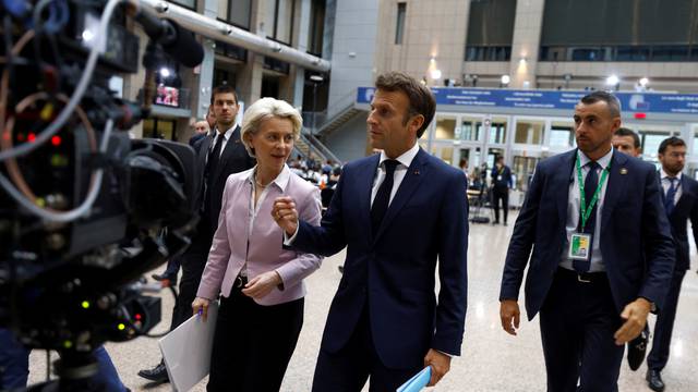 European Commission President von der Leyen, European Council President Michel and French President Macron attend a joint news conference in Brussels