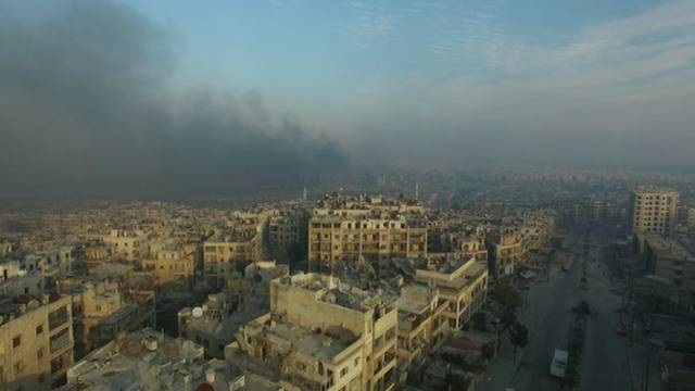 A still image from video taken December 12, 2016 of a general view of the bomb damaged eastern Aleppo, Syria