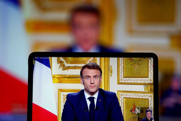 French President Macron makes a television address to the nation, in Paris