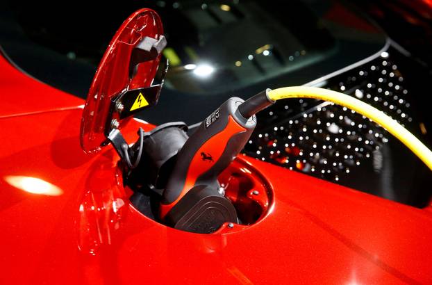 FILE PHOTO: A Ferrari SF90 Stradale hybrid sports car is seen during at the Auto Zurich Car Show in Zurich