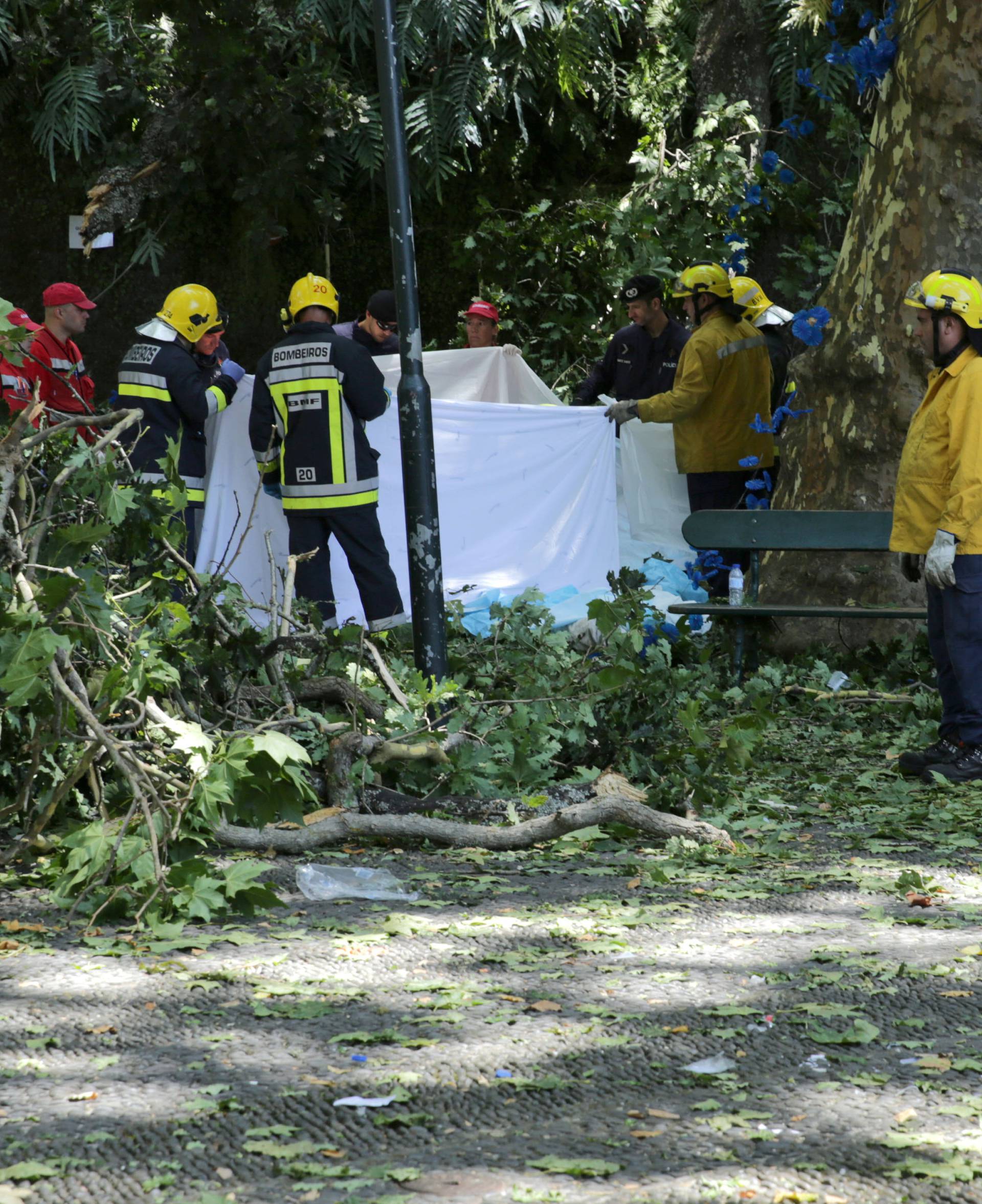 Firefighters cover victims of a tree that toppled into worshipping crowds during a religious festival in Funchal