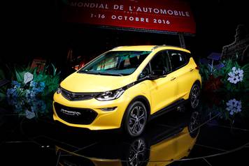 An Opel Ampera-e car is displayed on media day at the Paris auto show, in Paris