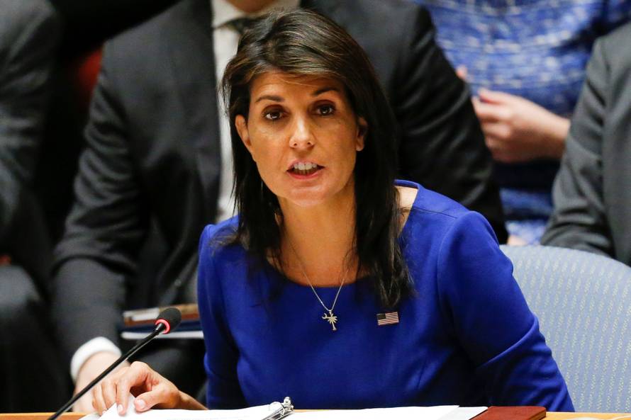 United States Ambassador to the United Nations Haley speaks during the emergency United Nations Security Council meeting on Syria at the U.N. headquarters in New York
