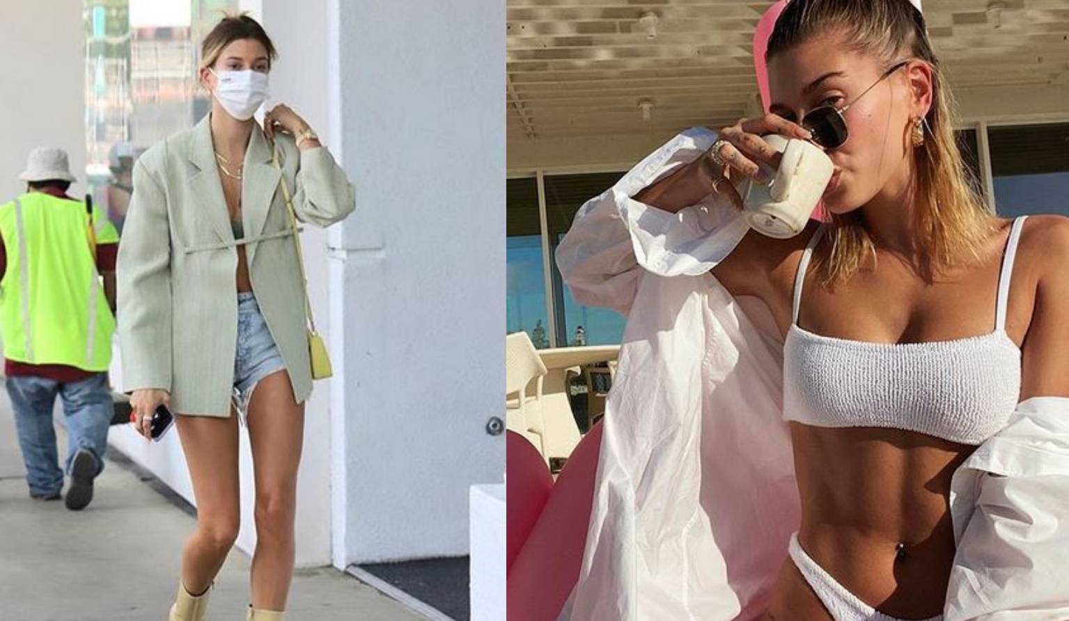 Hailey Bieber bira kontraste: Mikro top plus veliki blejzer