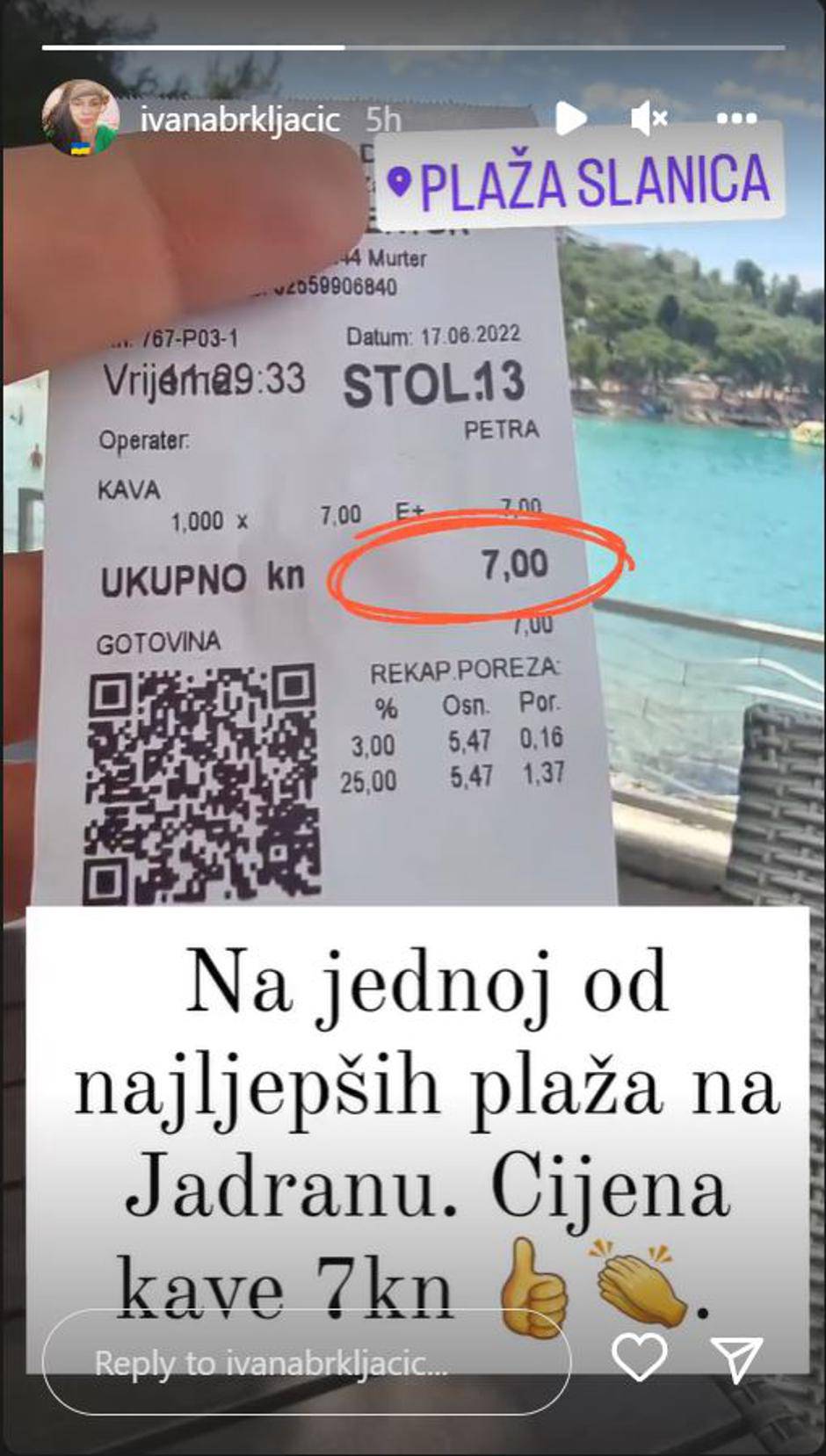 Ivana Brkljačić šokirana cijenom kave na murterskoj plaži, fotkala račun pa ga objavila