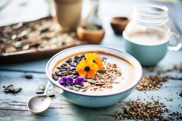 espresso smoothie bowl with granola and roasted coffee beans