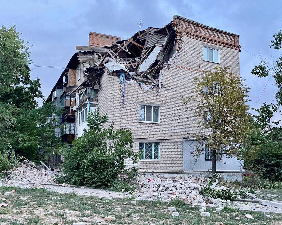 View shows a residential building damaged by a Russian military strike in location given as the town of Nikopol