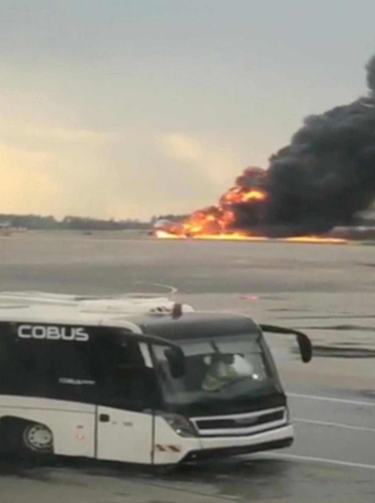 Sukhoi passenger plane is engulfed in flames after it made an emergency landing due to an onboard fire at Sheremetyevo International Airport