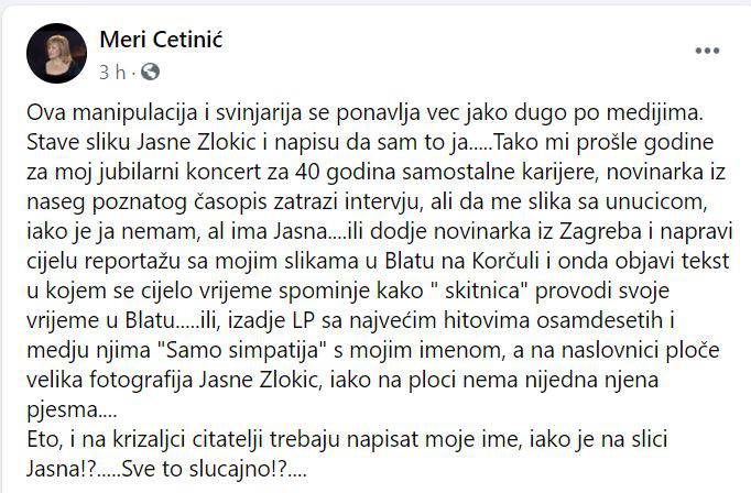 Cetinić je ljutita jer je miješaju sa Zlokić: Ova manipulacija i svinjarija se ponavlja jako dugo