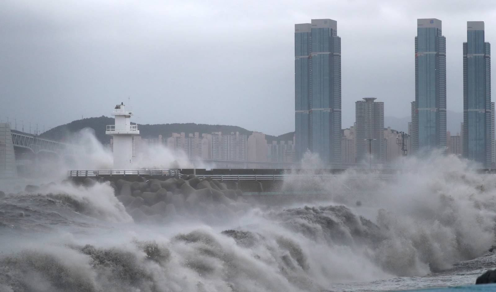 High waves caused by Typhoon Haishen crash at seawall in Busan