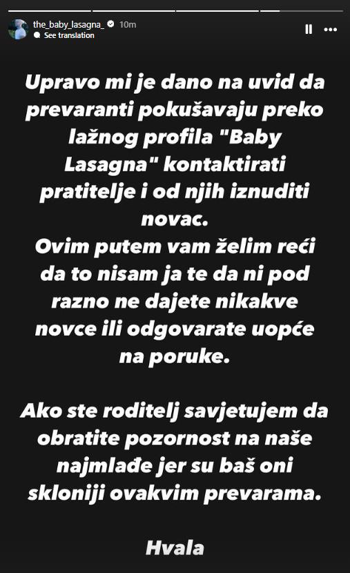 Baby Lasagni ukrali identitet! Upozorio fanove: 'To nisam ja. Ne dajte im nikakav novac...'