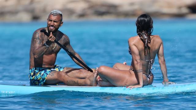 *EXCLUSIVE* Inter Milan's Chilean footballer Arturo Vidal and his wife Maria Teresa Matus soak up the hot Spanish sunshine on their lavish yacht on their holidays in Formentera. *PICTURES TAKEN ON THE 28/05/2022*