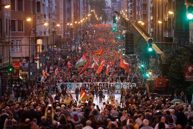 People march behind the slogan "Nazioa gara", 'We are a nation', during a demonstration called by the Basque pro-independence coalition EH Bildu, in Bilbao