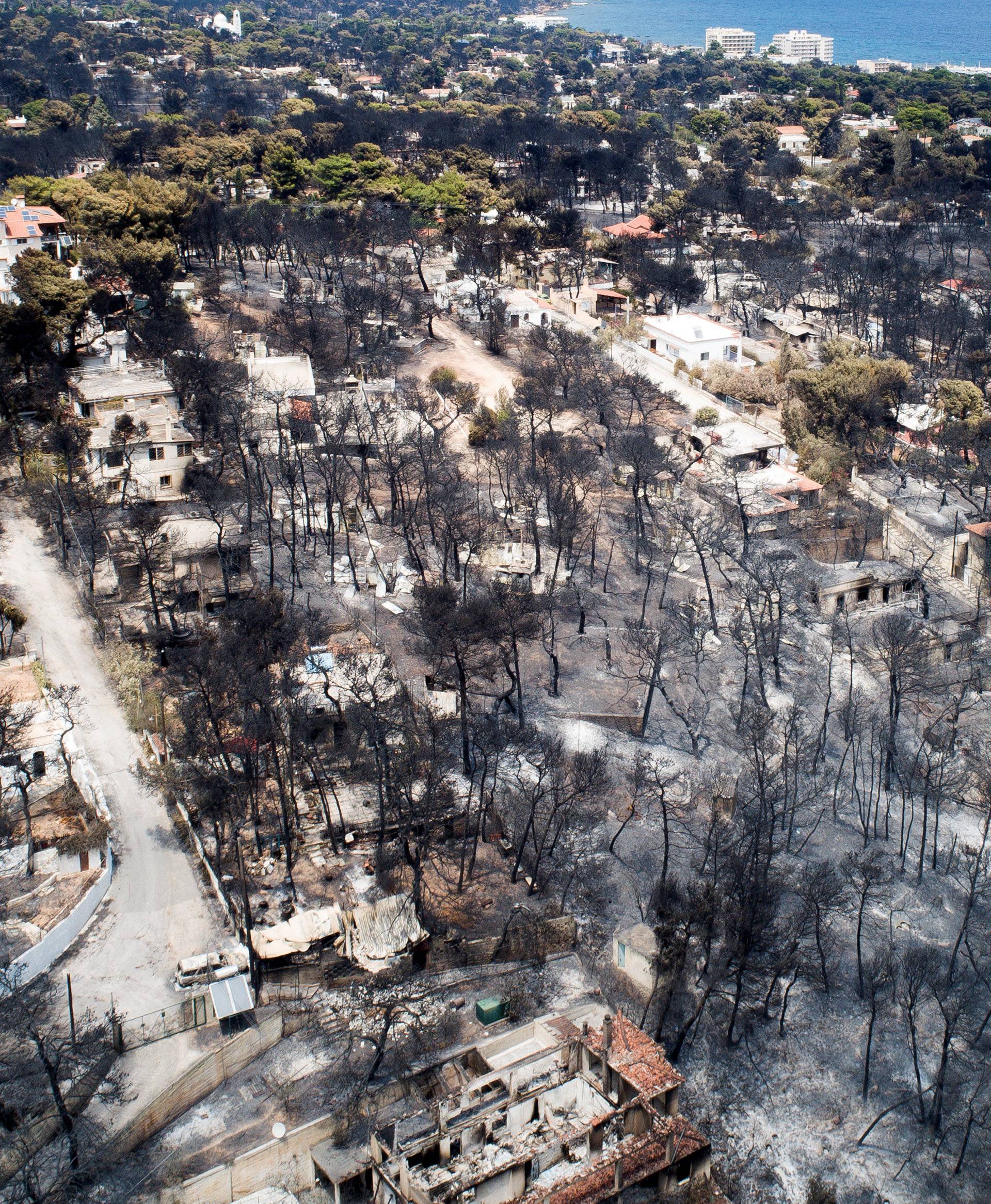 An aerial view shows burnt houses and trees following a wildfire in the village of Mati