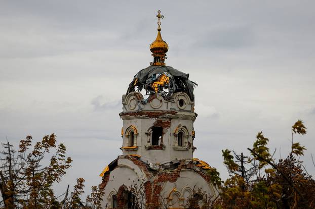 Building of the Iverskiy nunnery, damaged in the course of the Russia-Ukraine conflict, is seen in the village of Pisky