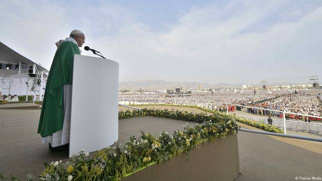 Pope Francis leads a mass at the Las Palmas airbase in Lima