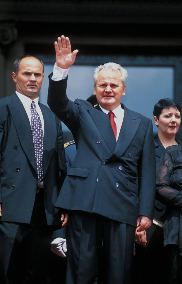 Slobodan Milosevic greets supporters shortly after his inauguration in Belgrade Serbia  on 23 July 1995