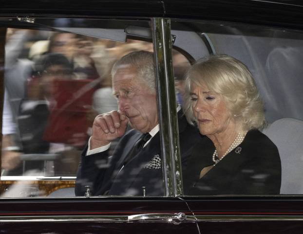 King Charles III arrives at Buckingham Palace